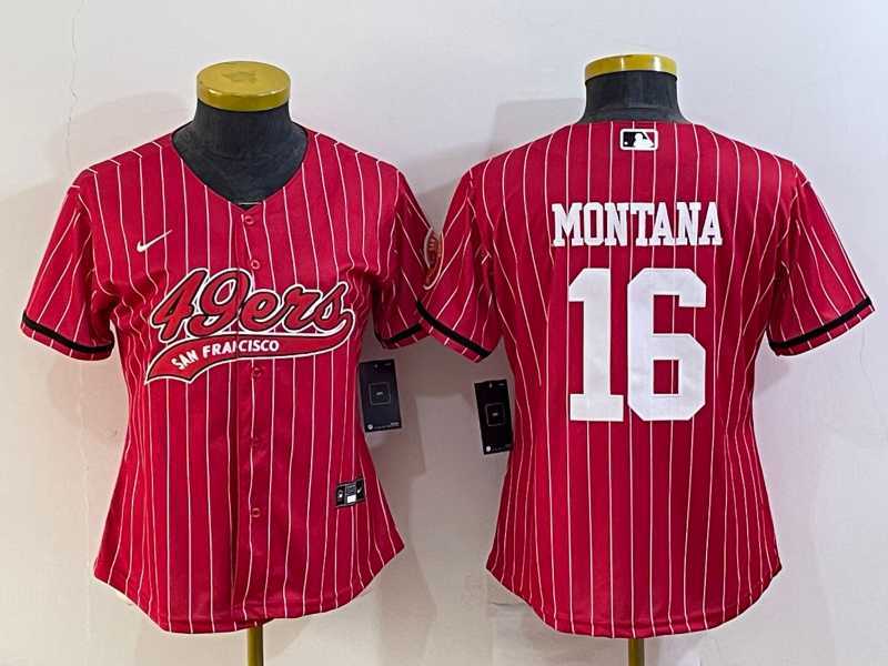 Womens San Francisco 49ers #16 Joe Montana Red Pinstripe With Patch Cool Base Stitched Baseball Jersey